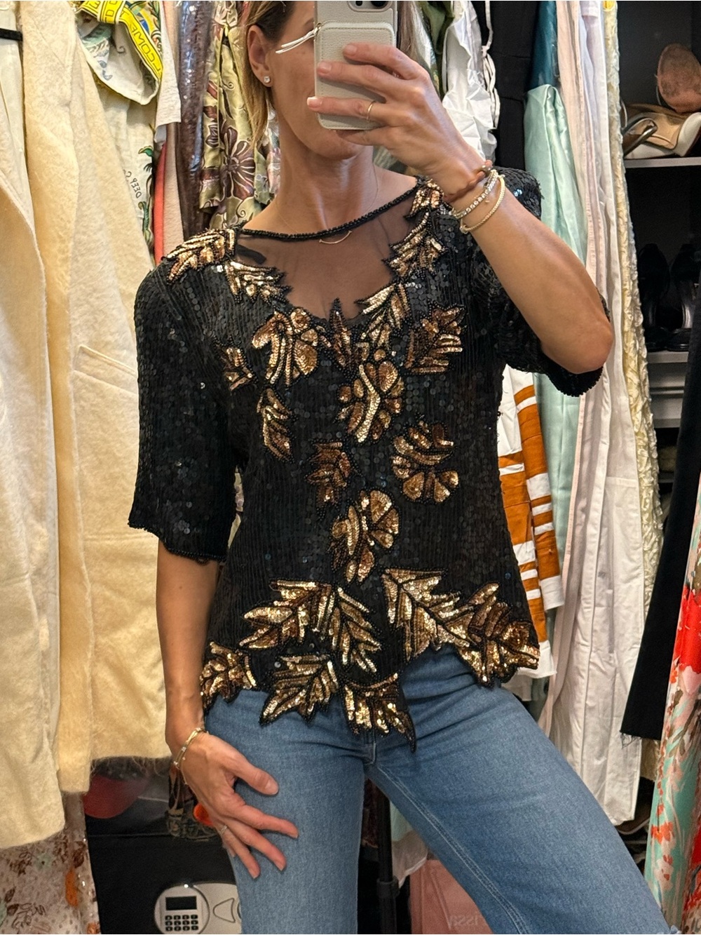 Vintage Stenay 100% Silk Black Sequin Mesh Top with Gold Leaf Embroidery